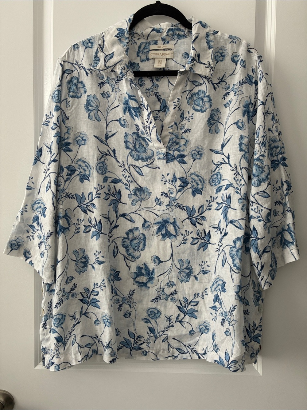 Cynthia Rowley Size 1X 100% Linen Floral 3/4 Length Sleeve Collared Top